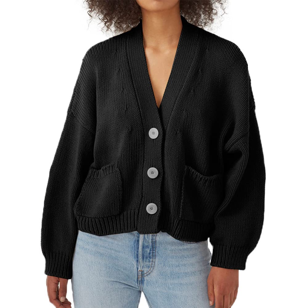 MIYAA Loser Damen Cardigan Pullover Langarm Pocket Cardigan V-Ausschnitt Cropped Outwear Lady Jumper Einreihig Offene Front Strickoberteil,Schwarz,3XL