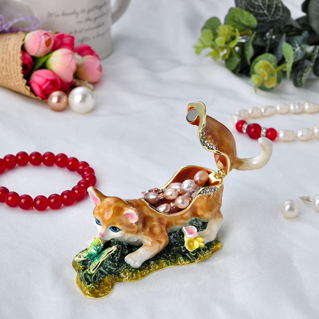 Cat Trinket Box with Golden Jewelry Enamel Design, Animal Home Décor & Gift for Cat Lovers