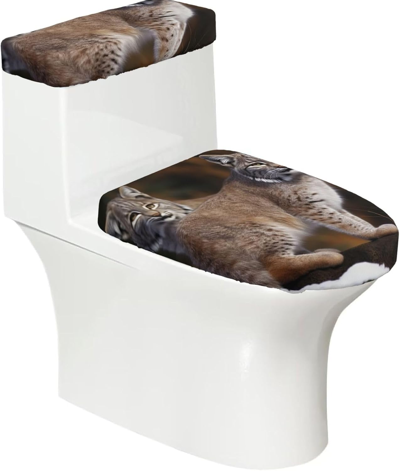 2 Pack Toilet Lid Cover and Toilet Tank Cover Set with Elastic Bottom, Canada Lynx Toilet Cover Set Soft Stretch Replacement Universal Toilet Seat Cover Washable Decorative