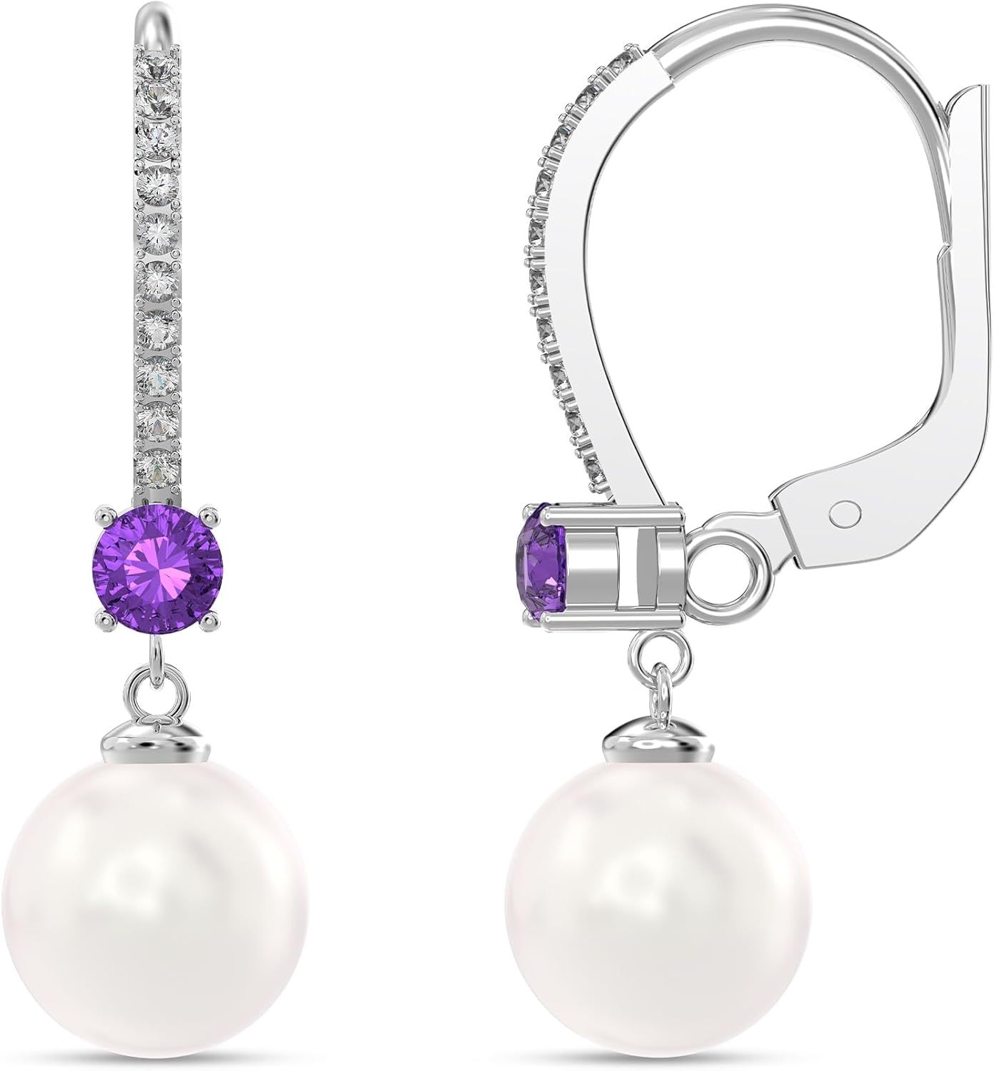 LeCalla 925 Sterling Silver Gemstone Leverback Earring Lightweight Italian Design Round Simulated Pearl Zirconia with Gemstone Leverback Drop Dangle Earrings for Women