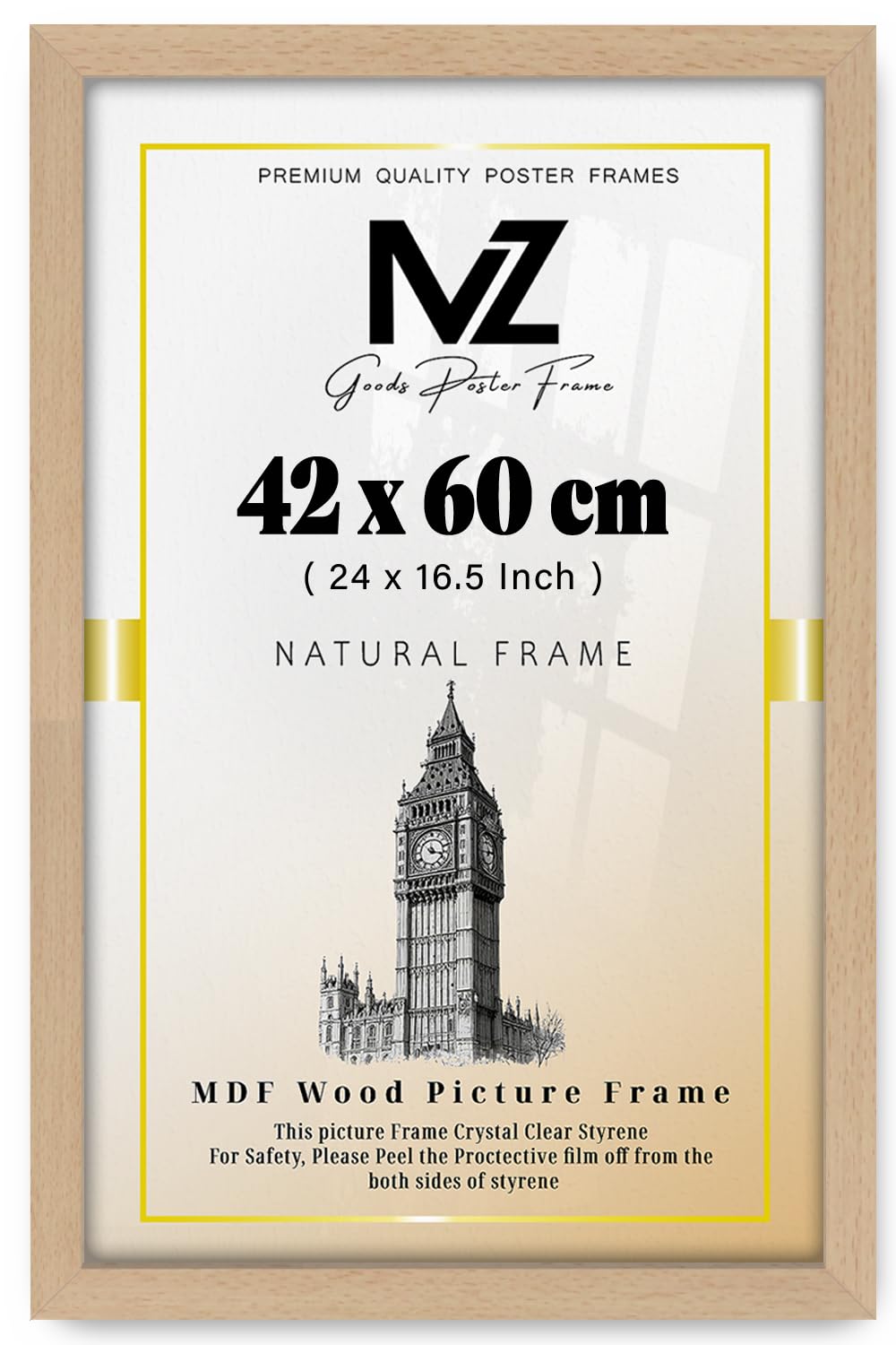 MZ GOODS | MDF Poster Frame (42 x 60 CM) 24" x 16.5" for Travel Posters/Pictures & Home Décor, Secure Hooks for Mounting [ Beech ]
