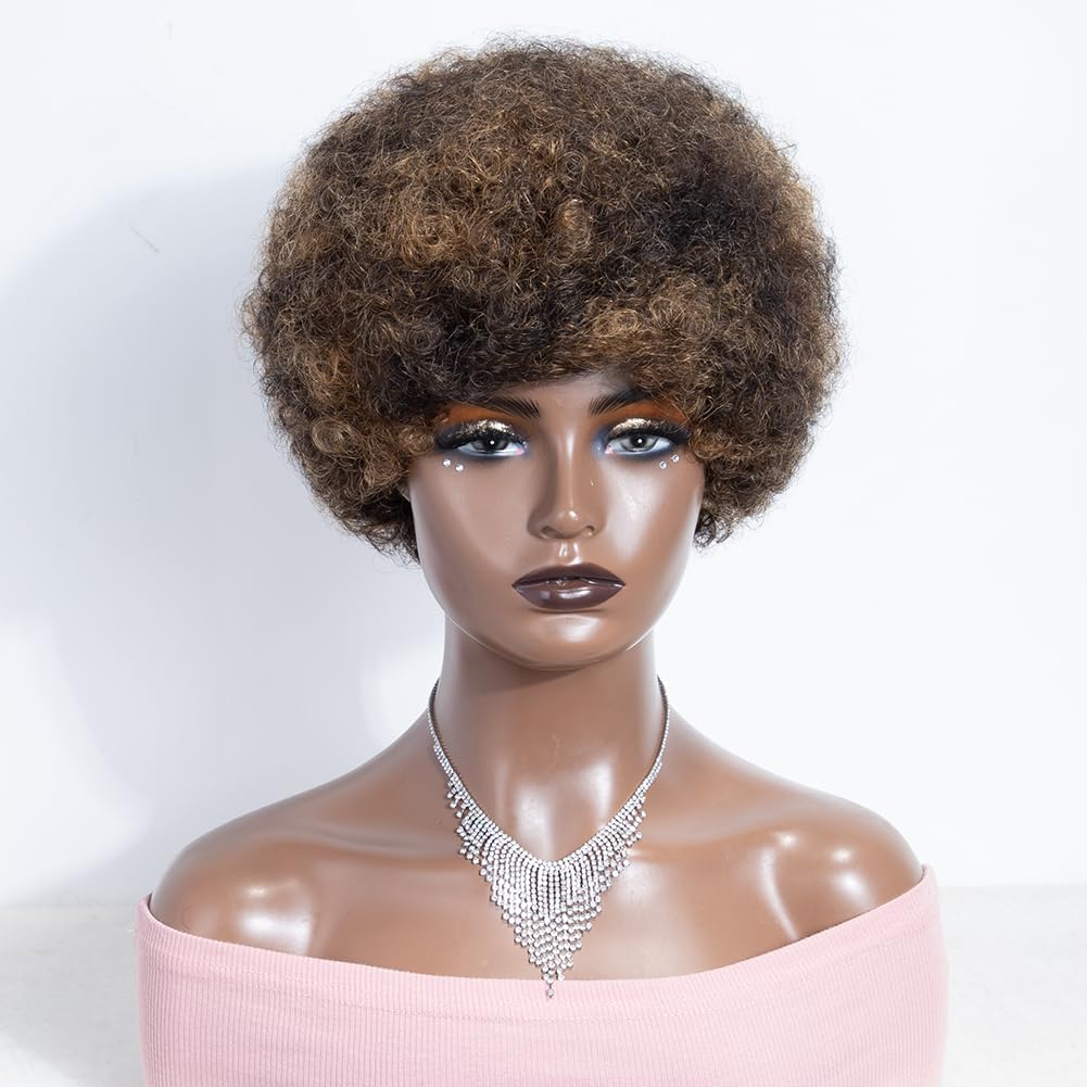 JOEDIR HAIR Afro Human Hair Wigs for Black Women Short Afro Curly Wig Black Mixed Blonde Brazilian Human Hair 130% Density (Color: P1B/27)