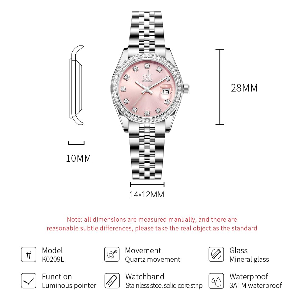 SHENGKE Donna cristallo accentato con banda in lega d'acciaio solido orologio Elegante vestito orologi al quarzo calendario per le donne