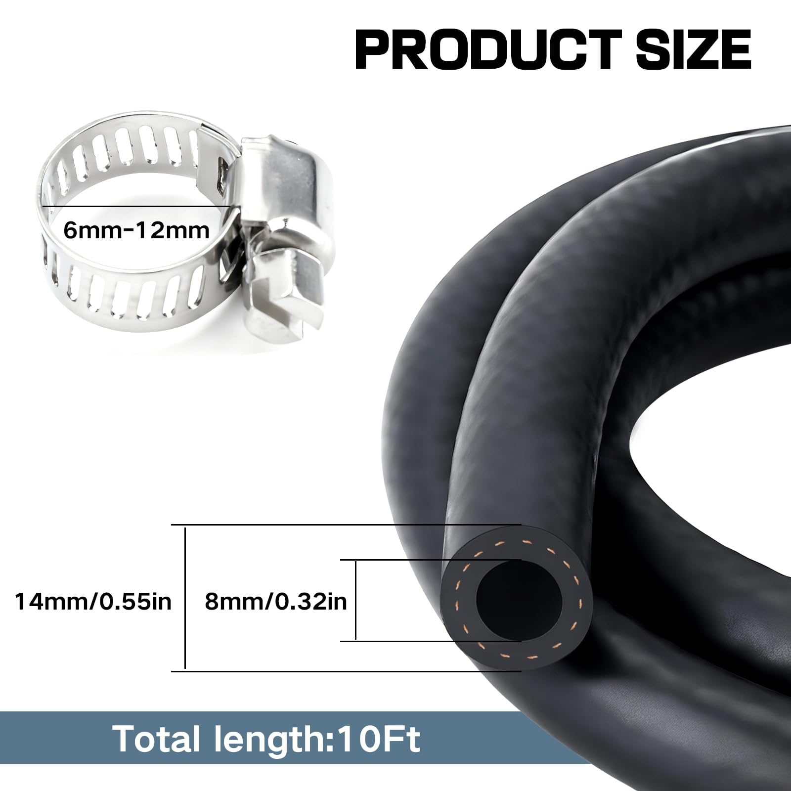 8mm Fuel Line Hose,Fuel Hoses,Gas Line Hose,1 Meter Rubber Pipe with 6 Hoses Clamps,Outer Diameter 14mm,Car Fuel Tube,Petrol Rubber Tube,Diesel Pipe for Trucks,Cars,Tractors and Small Engines - 2