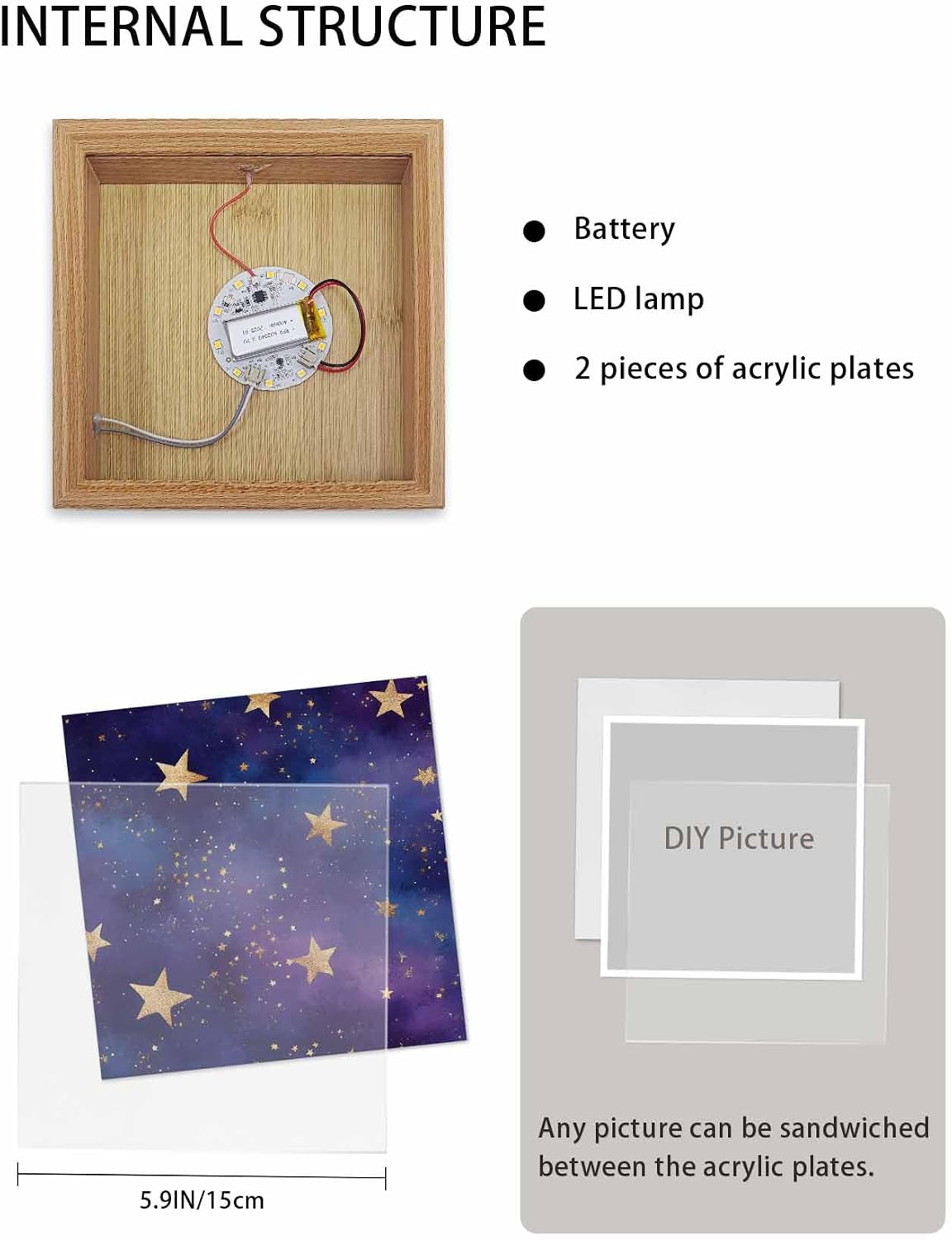 Wood Night Light Box 6.5x6.5in,Retro Dream Star on Purple Table Lights Wooden Picture Frame with USB Rechargeable Touch LED Lights for Home Decor Desktop Display,Romantic Starry Sky image 3
