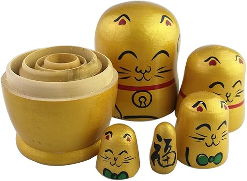 Miniatura 7 de Winterworm Maneki Neko Lucky Cat - Juego de 5 muñecas anidadas tradicionales rusas de madera dorada con carácter japonés chino Fu hecho a mano,