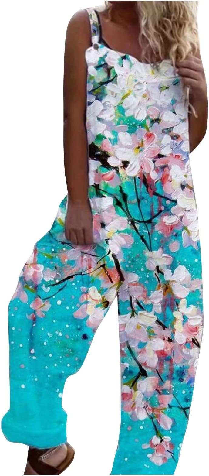 GenericWomen Wide Leg Jumpsuit One Piece Suspender Sleeveless Loose Fit Romper Pants Casual Loose Lightweight Print Jumpsuit