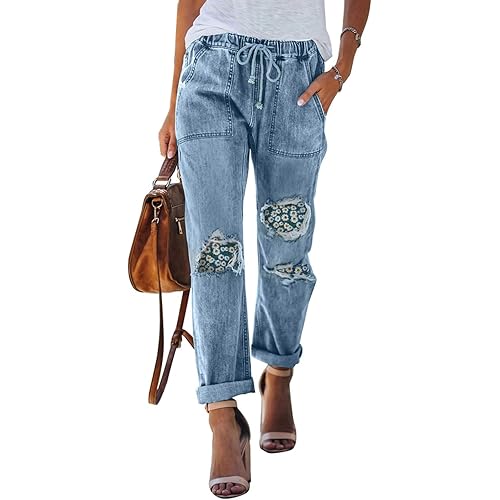 Sidefeel Women Pull-on Distressed Denim Joggers Elastic Waist Stretch Pants