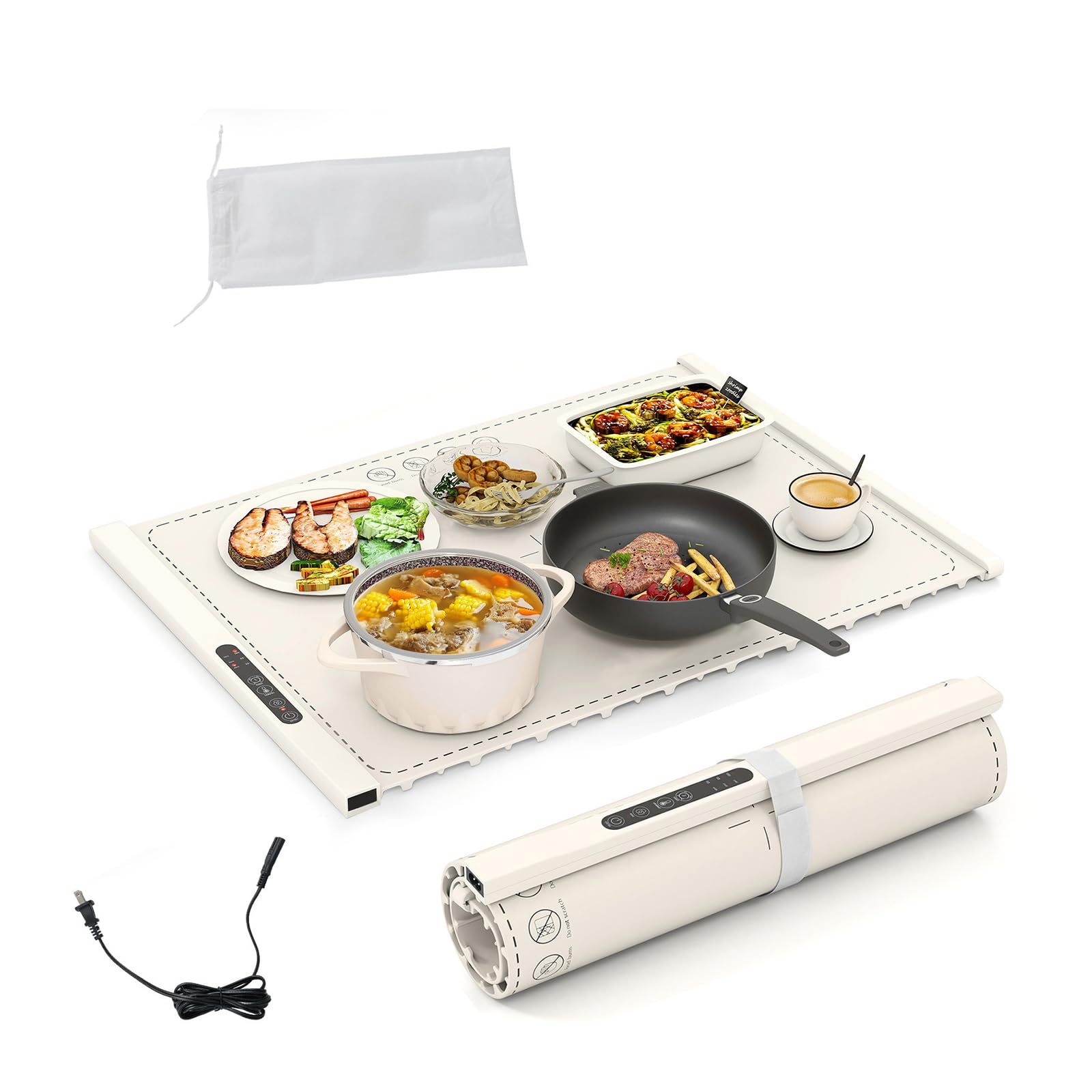 SOARS Chauffe Plat Electrique, Plaque Chauffante Electrique Pliable Portable en Silicone, Température à 6 Niveaux, Chauffage Rapide, Minuterie, pour Fêtes, Buffets, Réunion Famille (60 X 38 CM, Blanc)