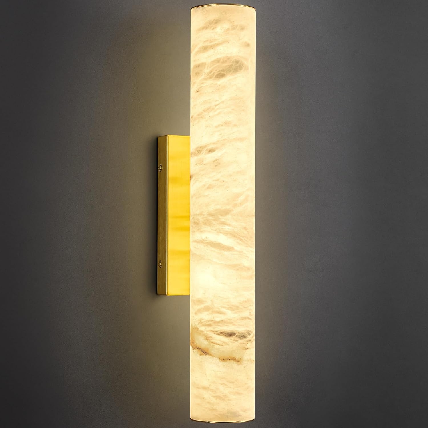 LMQNINE Natural Alabaster Wall Sconces Spanish Marble Wall Light Cylinder Modern Gold LED Sconce for Living Room Bedroom Bathroom Stairs（S-1Pack）