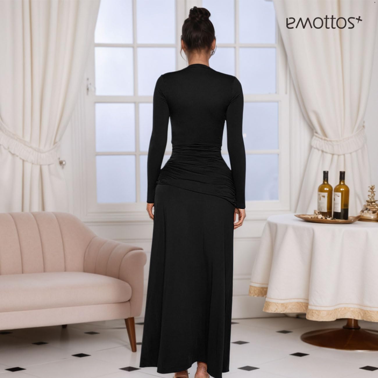 Abito Lungo da Donna con Scollo a V Profondo, Abiti Eleganti Lunghi e Sexy con Maniche Lunghe e Spacco Alto, Abito da Sera Aderente con Vita Arricciata per Serate, Nero, Taglie S-L
