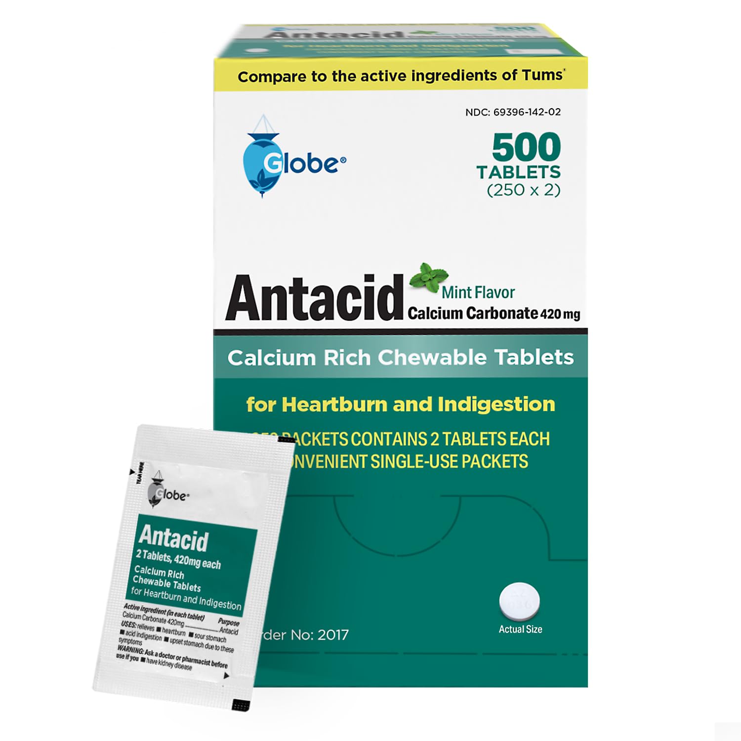 Globe (500 Tablets Chewable Mint Antacid Tablets for Acid Indigestion, Heartburn, and Upset Stomach - 250 Packets of 2 Tablets Each, 500 Count. Made in The USA