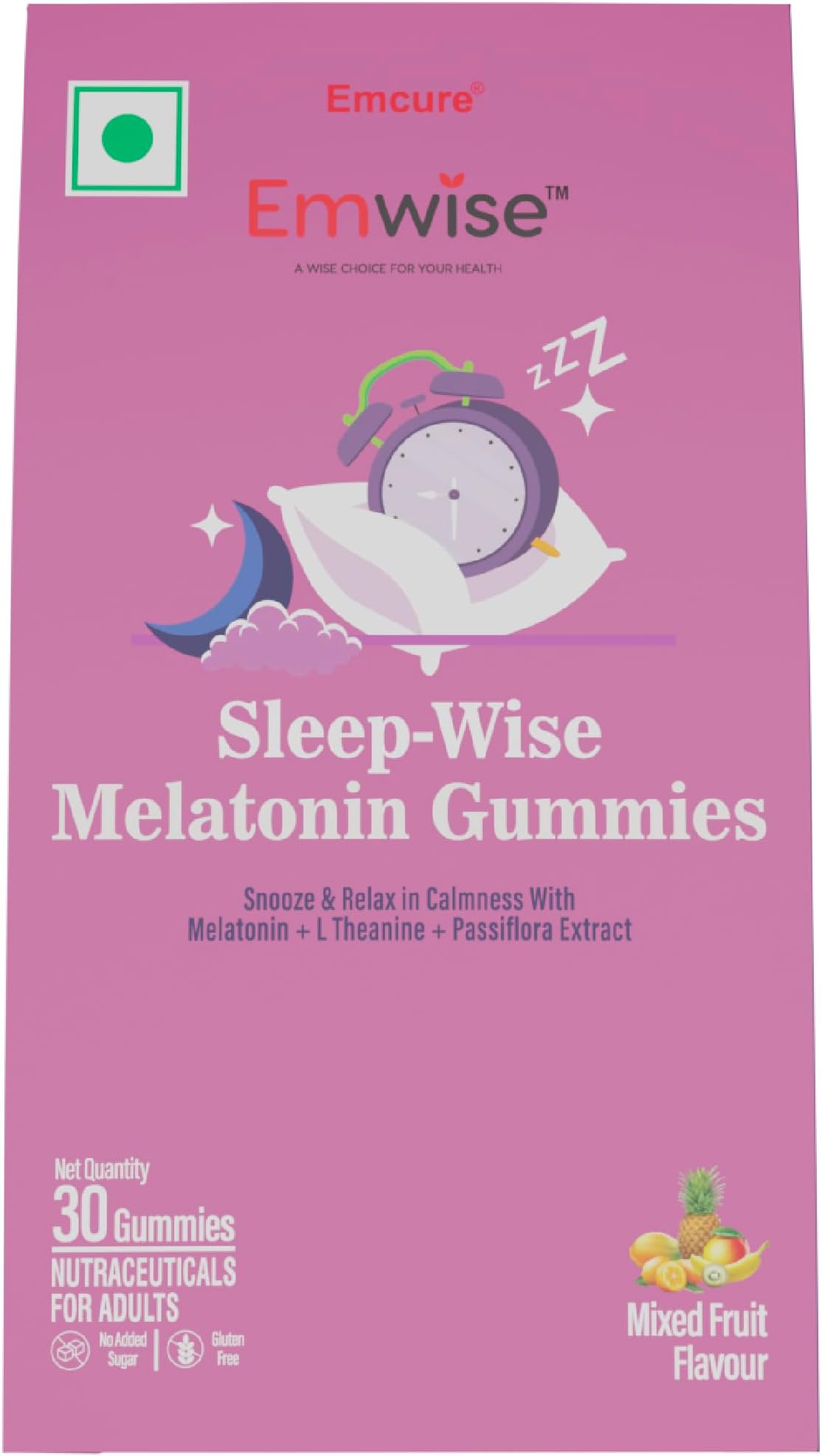 Emwise Sleep-Wise Melatonin Gummies - Sugar-Free, Gluten-Free, GMO-Free | Regulate Sleep-Wake Cycle, Reduce Stress & Anxiety, Enjoy Sound Sleep | Cruelty-Free & Vegan |30 Delicious Mixed Fruit Gummies