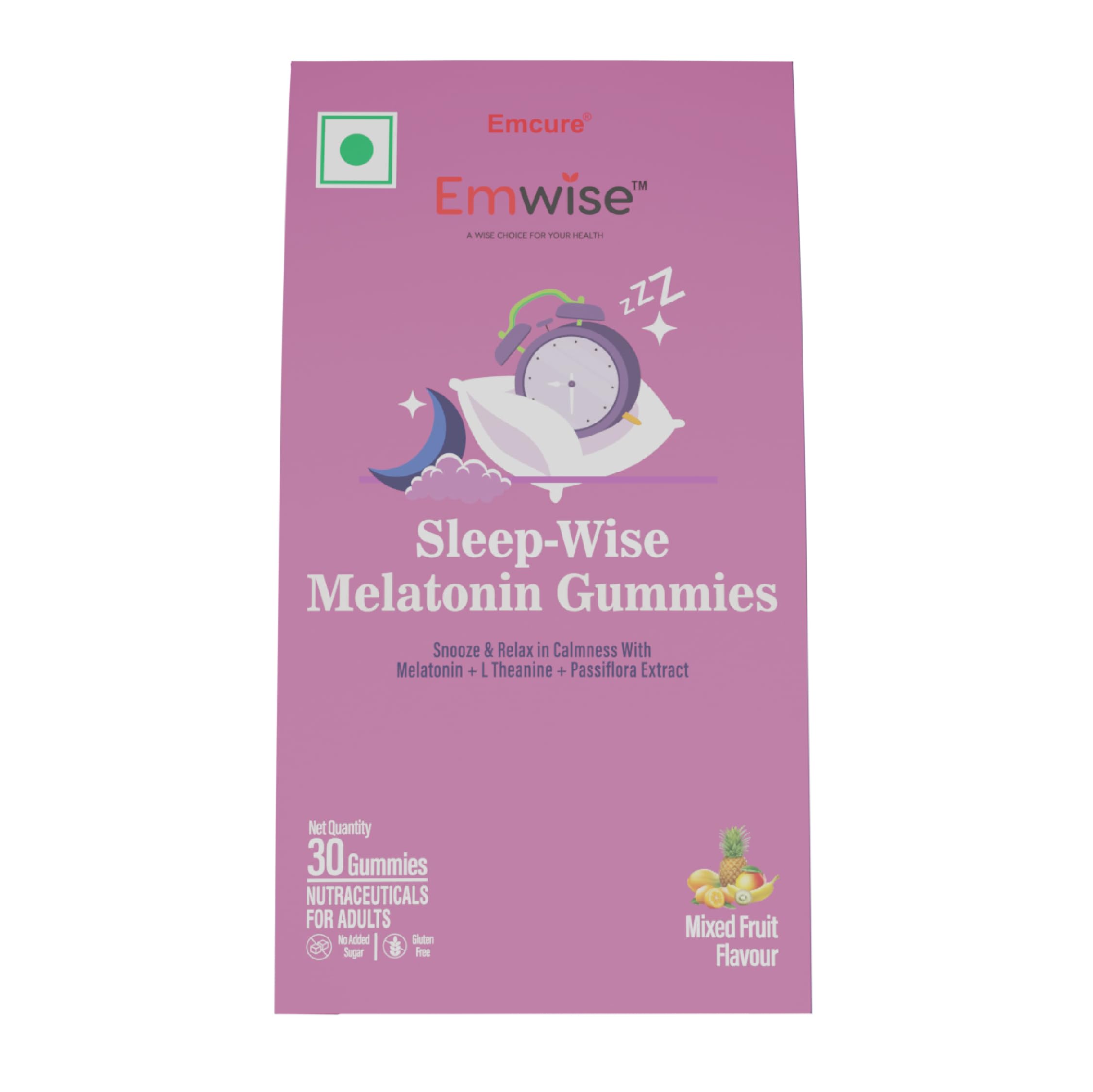 Emwise Sleep-Wise Melatonin Gummies - Sugar-Free, Gluten-Free, GMO-Free | Regulate Sleep-Wake Cycle, Reduce Stress & Anxiety, Enjoy Sound Sleep | Cruelty-Free & Vegan |30 Delicious Mixed Fruit Gummies