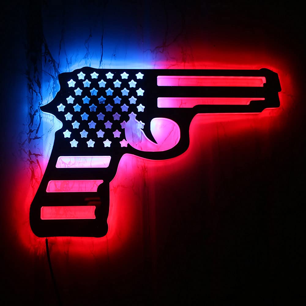 Geek Alerts Pistol Gun Flag LED Lighting Wall Art Sign USA Patriotic Design Home Decor 2nd Amendment Distressed Flag Military Wall Light