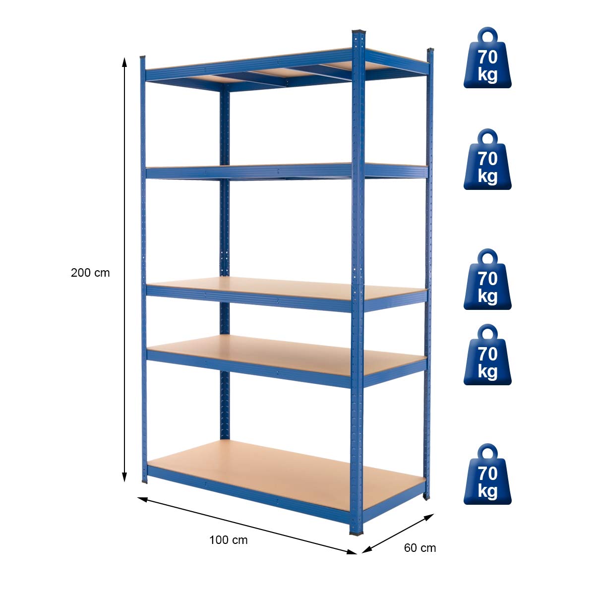 ECD Germany Étagère de Rangement - 200x100x60 cm - Capacité max. 875 kg - 5 Plateaux MDF - Rayonnage Métallique Bleu - Hauteur Réglable - Unité de Stockage Charge Lourde Râtelier Garage Cuisine Cave