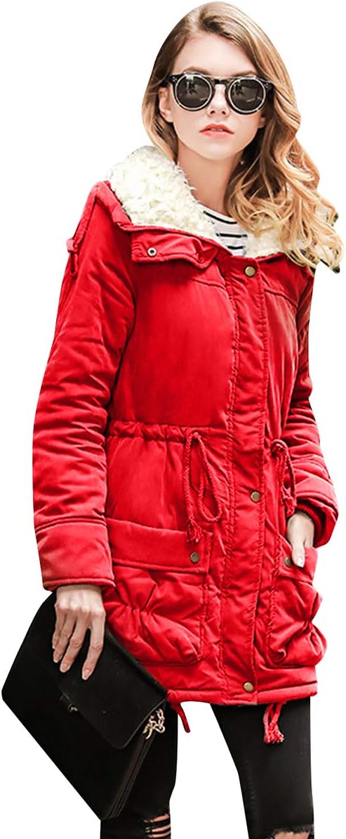 TYQQU Women's Faux Fur Lined Thickened Jackets Lapel Collar Drawstring Winter Overcoat