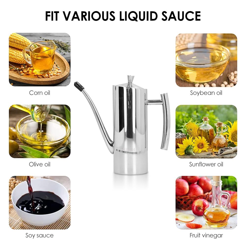 Tissting Dispensador de aceite, Botella vertedora de acero inoxidable con pico largo y tapón de silicona 500ml para cocina, almacenamiento doméstico y chefs caseros