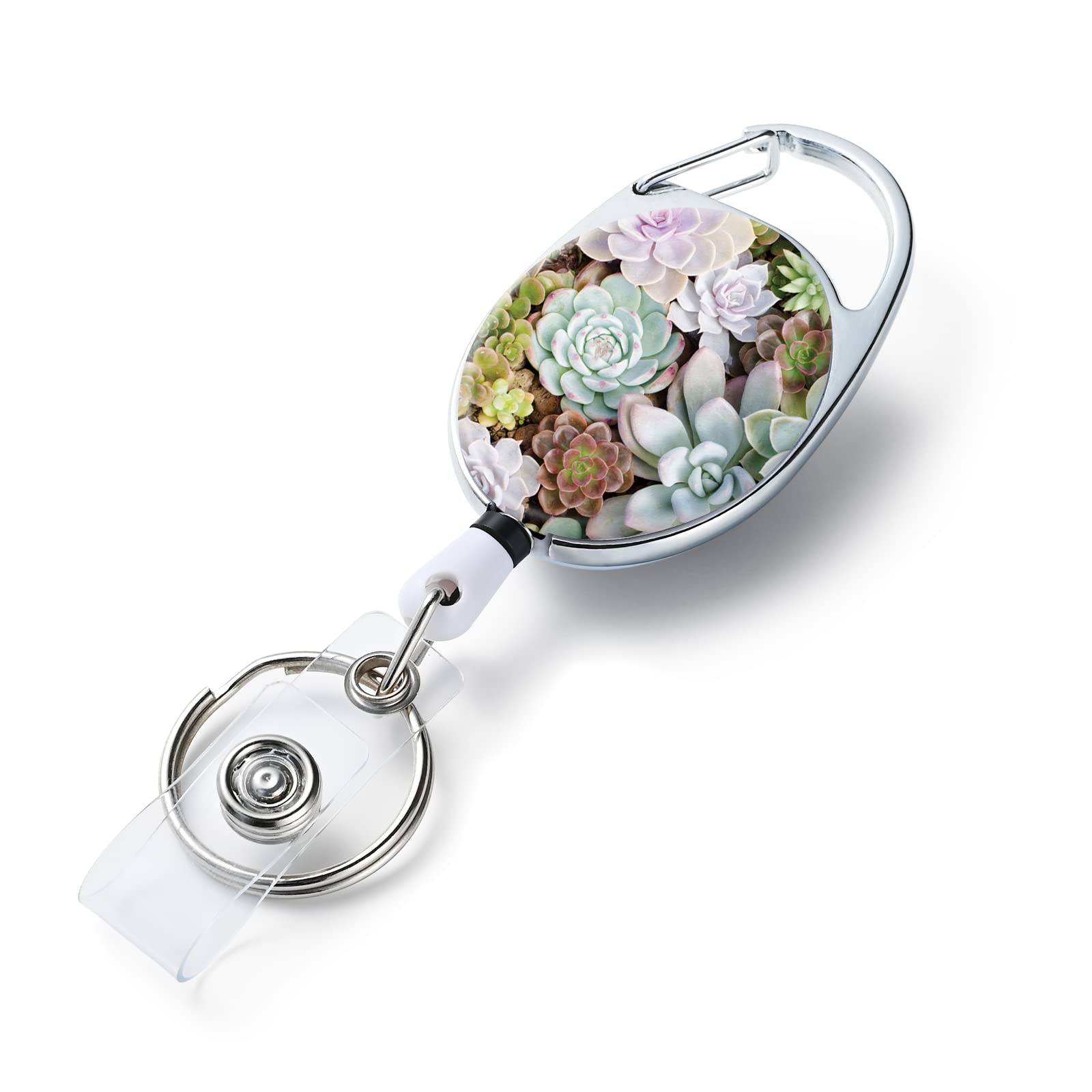 Badge Reels Retractable Double Sided Color Print Pattern Holders with Retractable Keychain and Clip, Durable Nylon Rope, Succulents