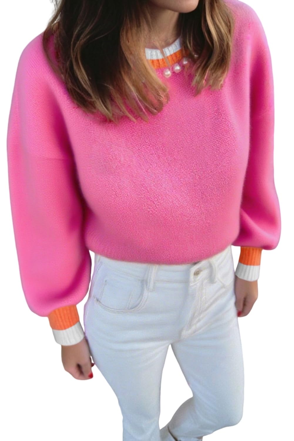 Womens Sachet Pink Contrast Crew Neck Pearled Decor Drop Shoulder Knit Sweater Casual Fashion Pullover Tops