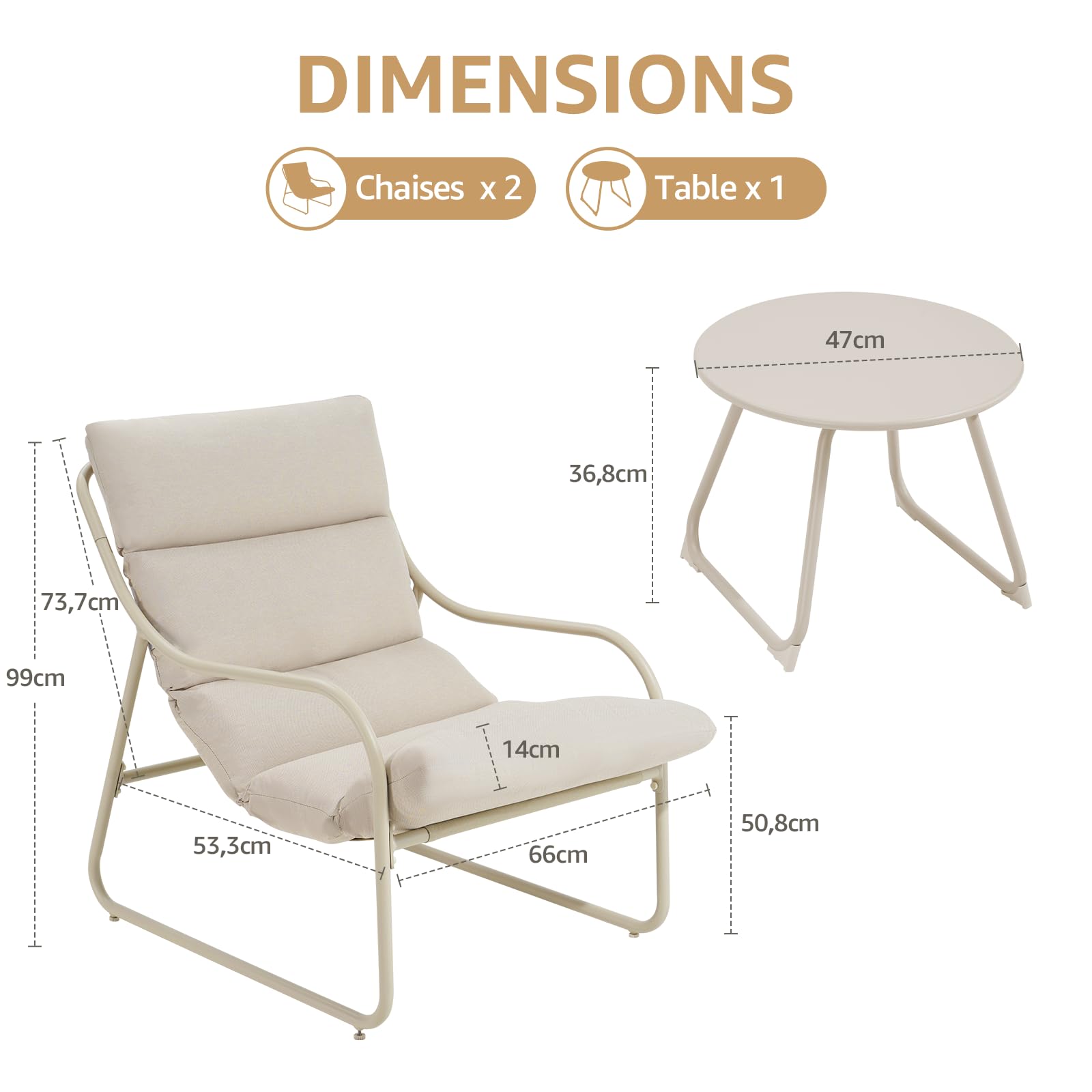 Natural Expressions Ensemble de Meubles de Balcon 3 Pièces, Ensemble de Meubles de Jardin Résistant aux Intempéries, Cadre en Aluminium, Tissu Textilène, Ensemble Style Bistro pour Patio, Beige