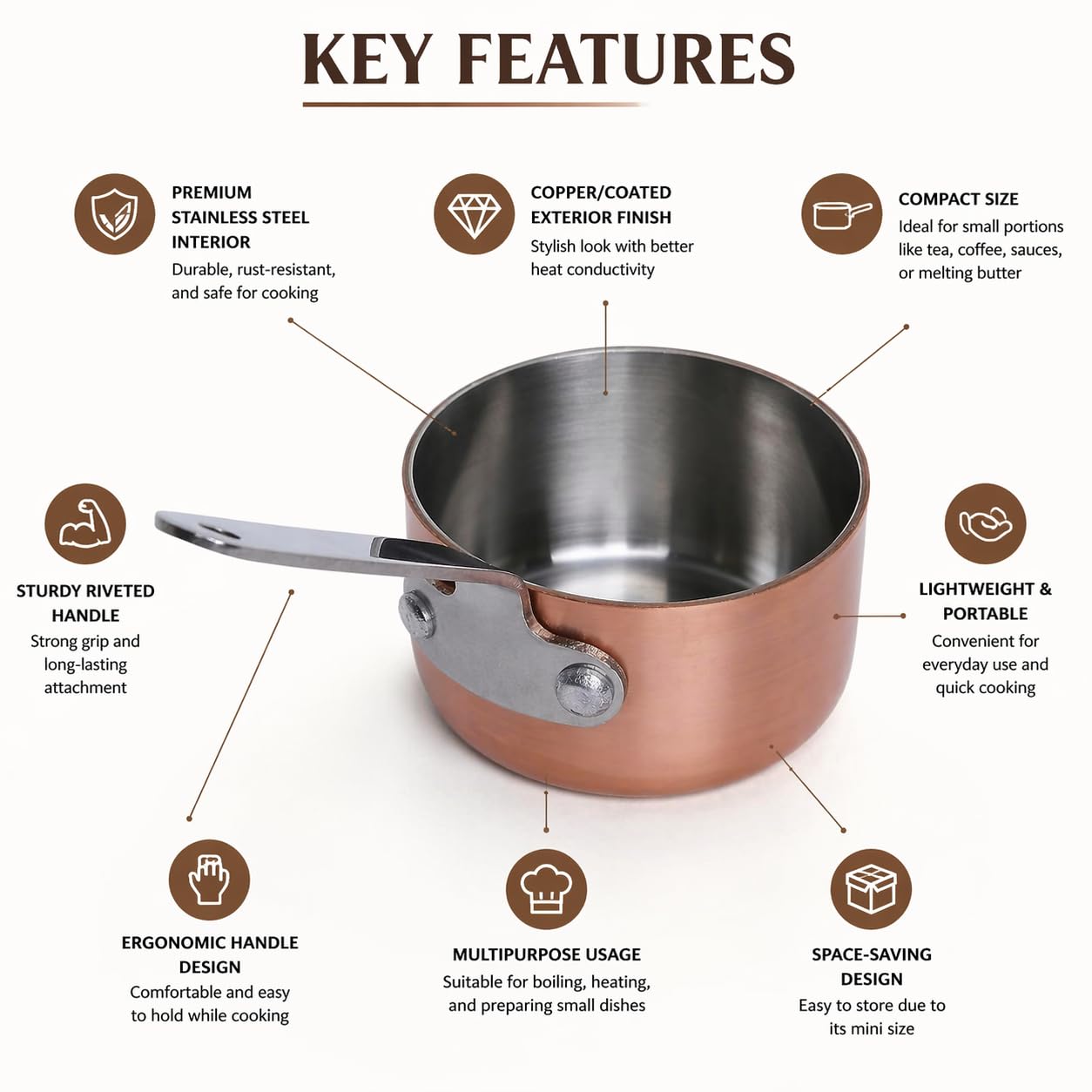 KMW Mini Sauce Pan – 50x30 mm with Copper Plating | Set of 2 | Rust-Resistant, Durable Build | Small Pan for Effortless Cooking & Food Preparation 1