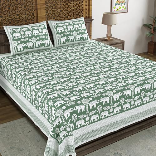 Image of BLOCKS OF INDIA Hand Block Printed 200 TC Cotton Super King Size Bedsheet (Black GAD ELE)