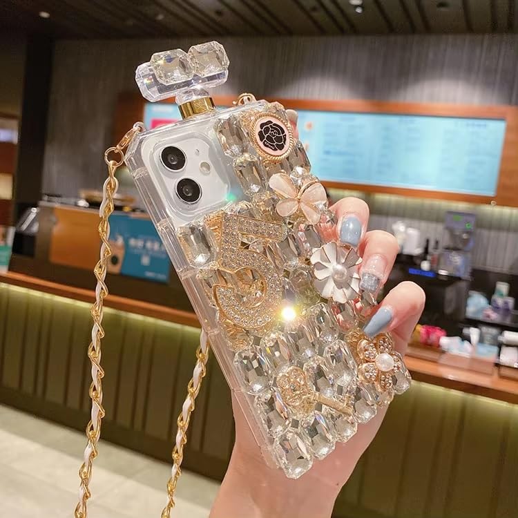 Image of COVERLY for iPhone 15 Cute 3D Diamond Perfume Bottle Phone Case,Full Protective Adorable Jewellery Rhinestone Luxury Crystal Glitter Bling with Crossbody Rope Sling Aesthetic Cover for Apple iPhone 15