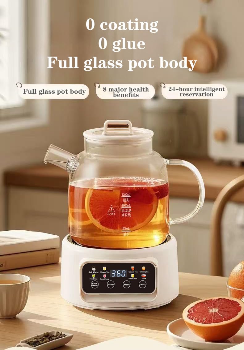 Théière Électrique Multifonction 1200ml, 8 Modes de Préparation, Base Chauffante avec Écran Digital, Carafe en Verre, Blanc