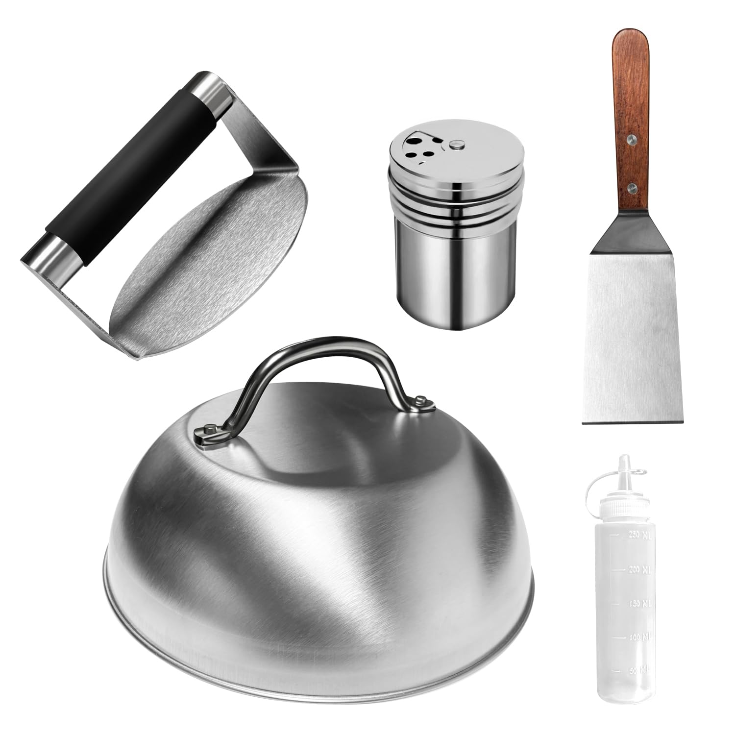 Hmfmdy Burger Press Kit, Burger Smasher & Metal Burger Spatula, Burger Dome, Spice Dredge Shaker, Squeeze Bottles