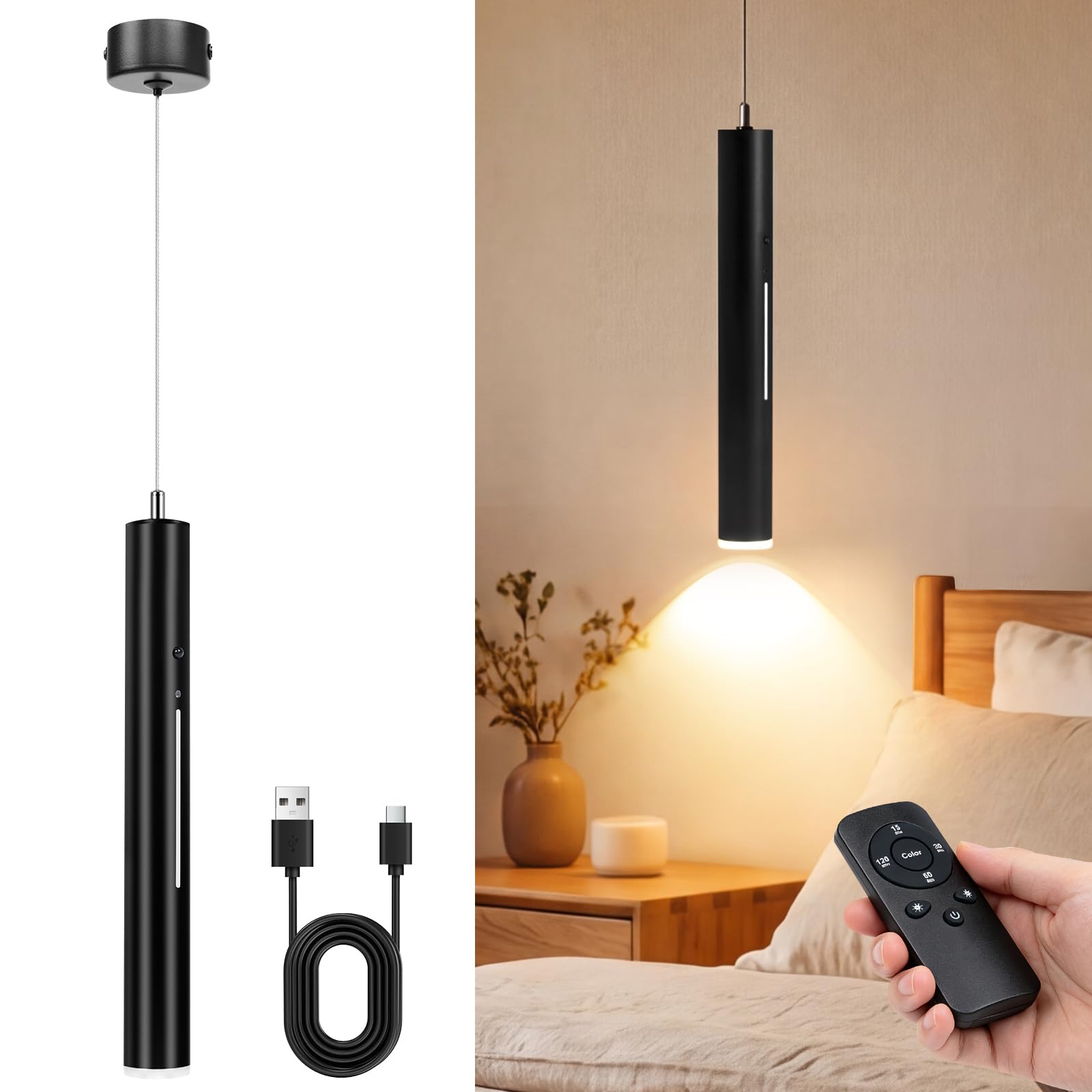 Aukimo Battery Operated Pendant Light, Rechargeable Hanging Light with Remote, 5000mAh Wireless Chandelier with Timer, 2700K/4000K/6000K Dimmable for Kitchen Island Bedroom Hallway, Black