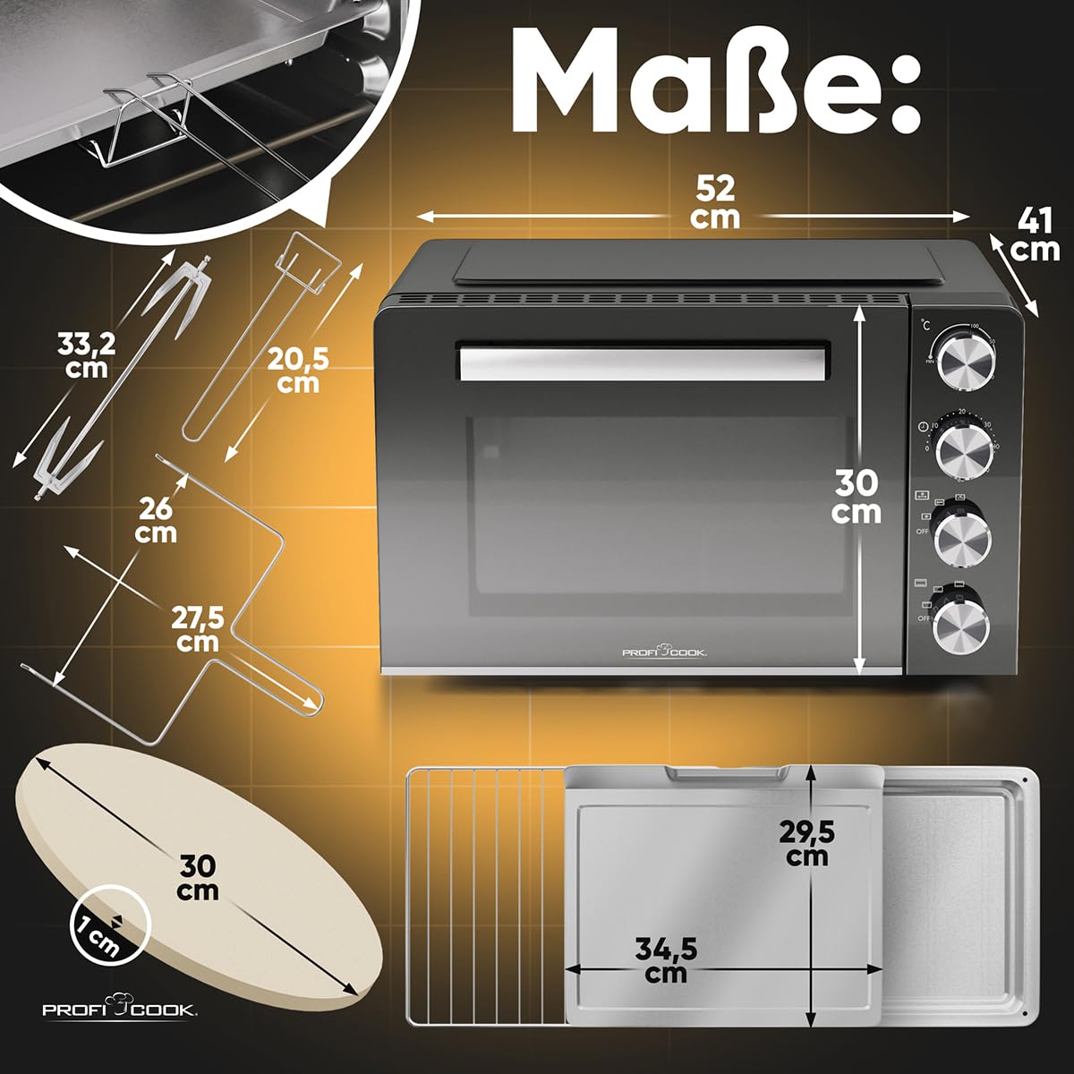 ProfiCook mini forno 30L | convezione + calore superiore/inferiore | mini forno con girarrosto e pietra per pizza | 100°C - 230°C | con convezione e timer | piccolo forno 1500W | PC MBG 1277