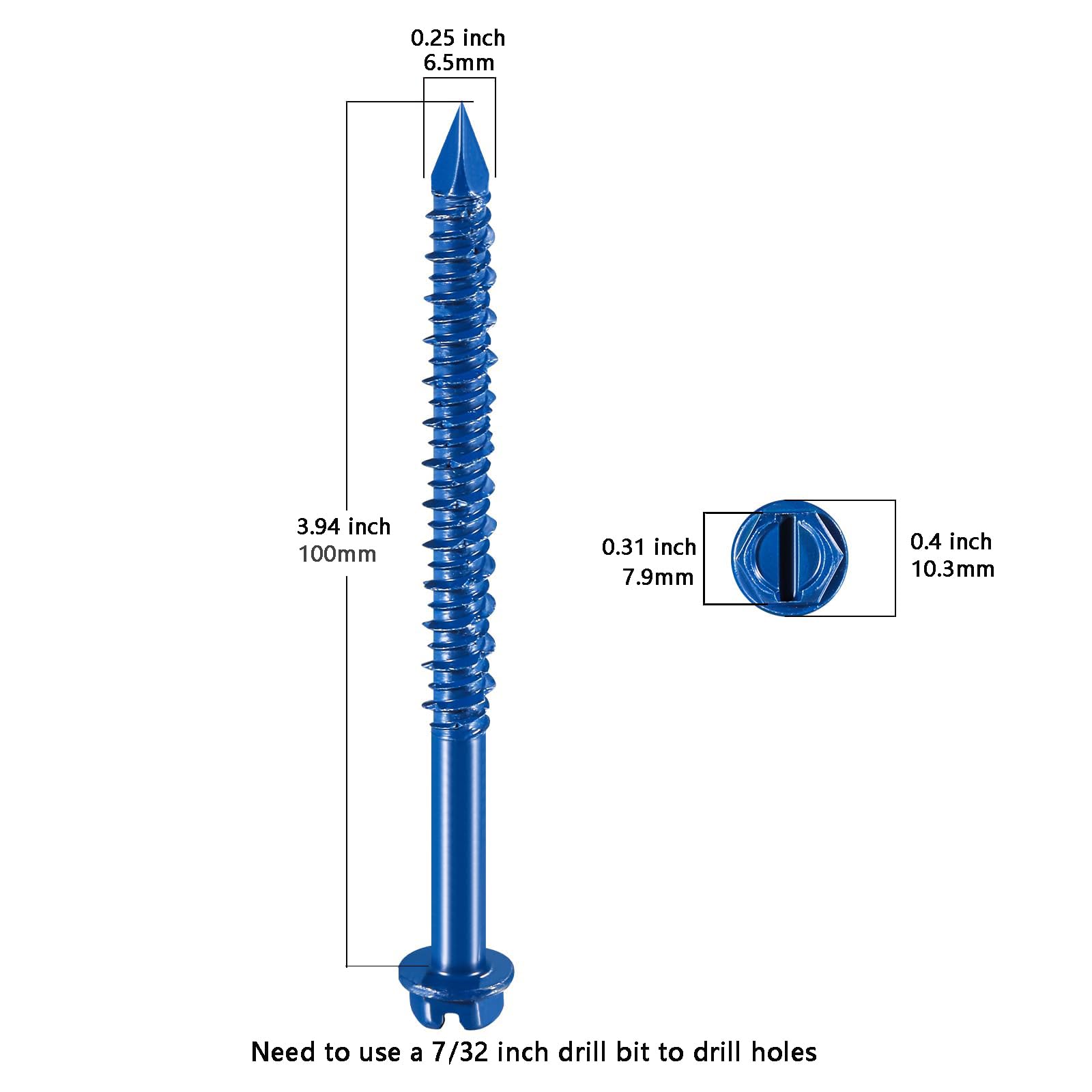Wensilon (30 pezzi) 1/4 "* 4" testa a rondella esagonale scanalata kit di ancoraggio per calcestruzzo testa piatta blu per ancoraggio a muratura, blocco o stucco di mattoni