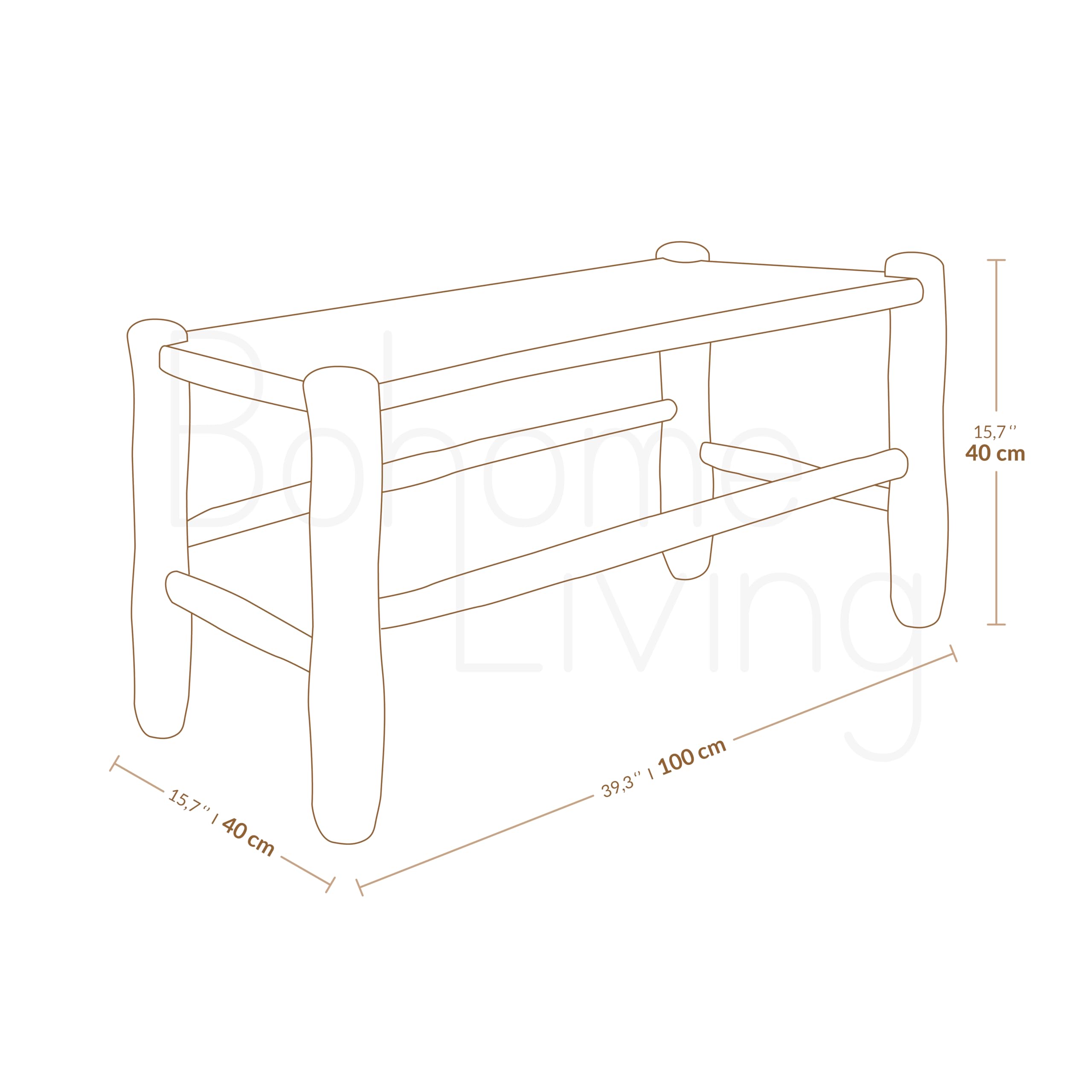 Banc Marocain en Bois Massif et Tressage naturel, Banquette d'Entrée, Fait main (Tressage croisé, 100cm)