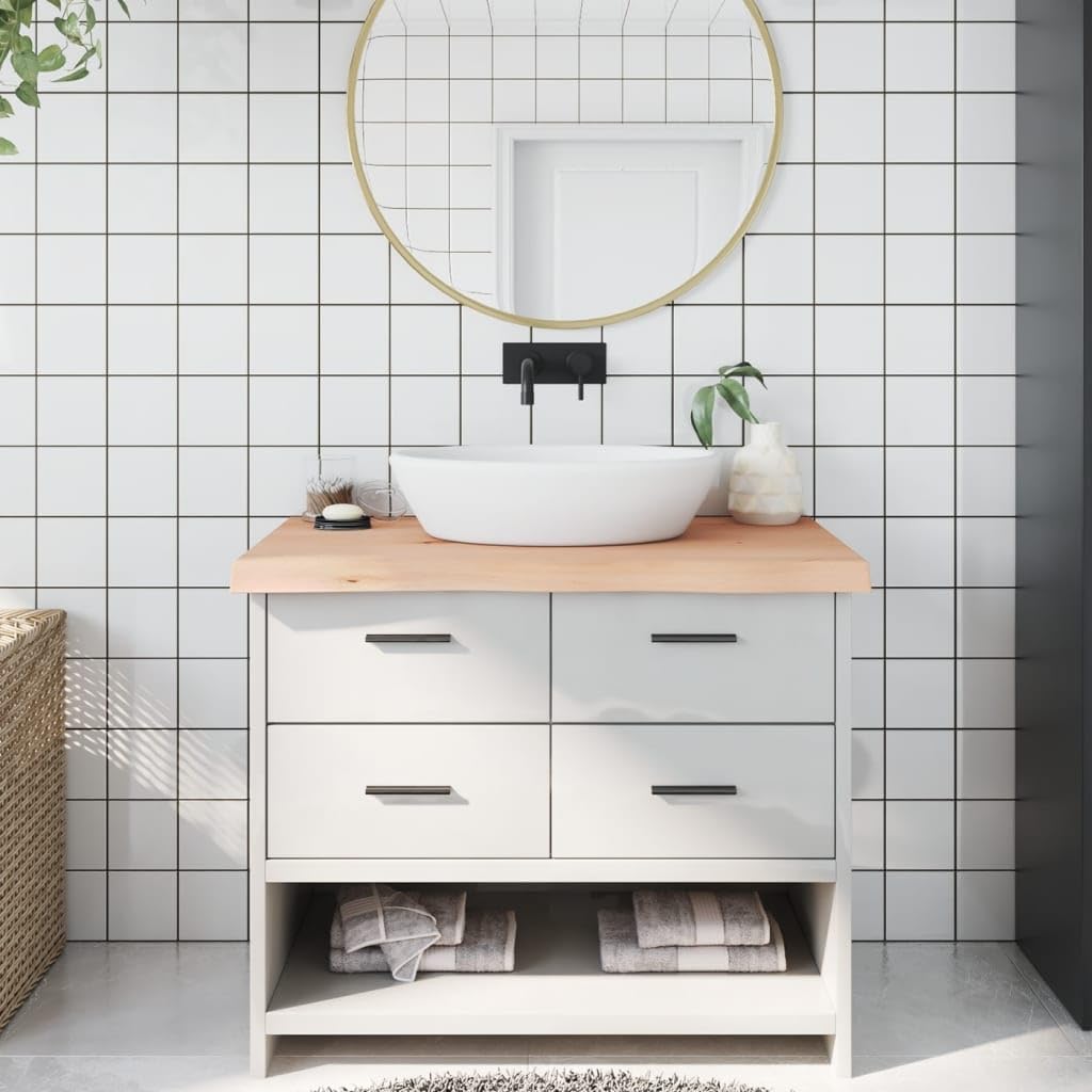 Piano di lavoro per lavabo, in legno massiccio di quercia, 100 x 50 x (2-6) cm, non trattato, con bordo naturale, robusto e stabile, per bagno, cucina, banco da lavoro, fai da te, costruzione
