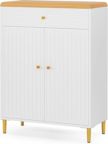 Miniatura 8 de Tribesigns Zapatero para entrada, zapatero moderno de 5 niveles con puertas y cajón, armario de almacenamiento de zapatos de madera con estantes