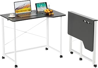 Schreibtisch klappbar mit Tablet Steckplatz, Mobiler Computertisch mit 4 Rollen, Faltbar PC Tisch Bürotisch für Home Office 90x56x75cm, Klappschreibtisch Holz Schwarz