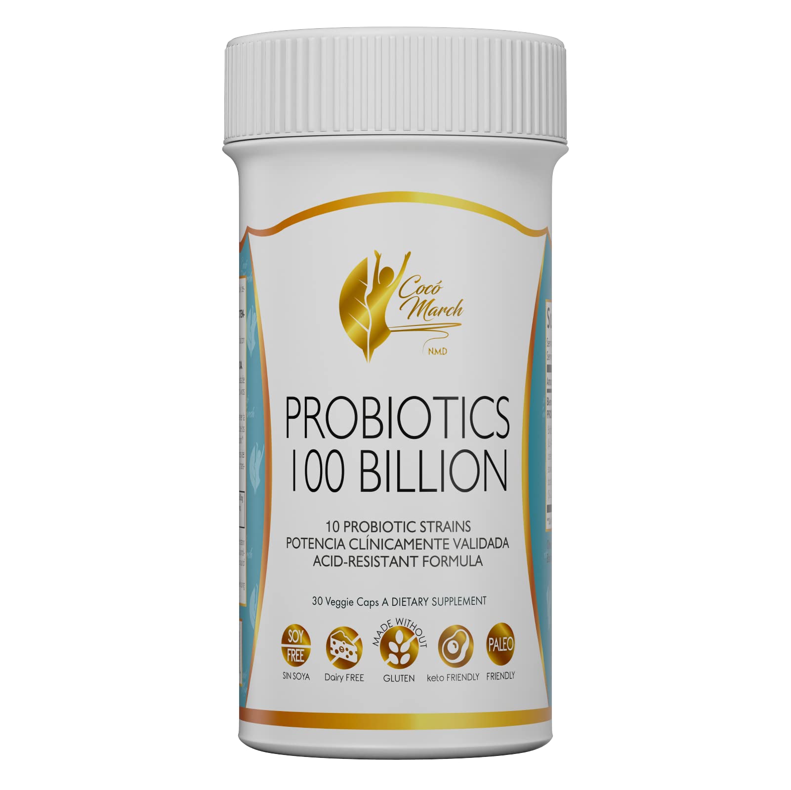 Coco March N.M.D Probióticos 100 mil millones – Suplemento para salud intestinal – Sin gluten, lácteos ni soja – Dieta keto y paleo – 30 cápsulas