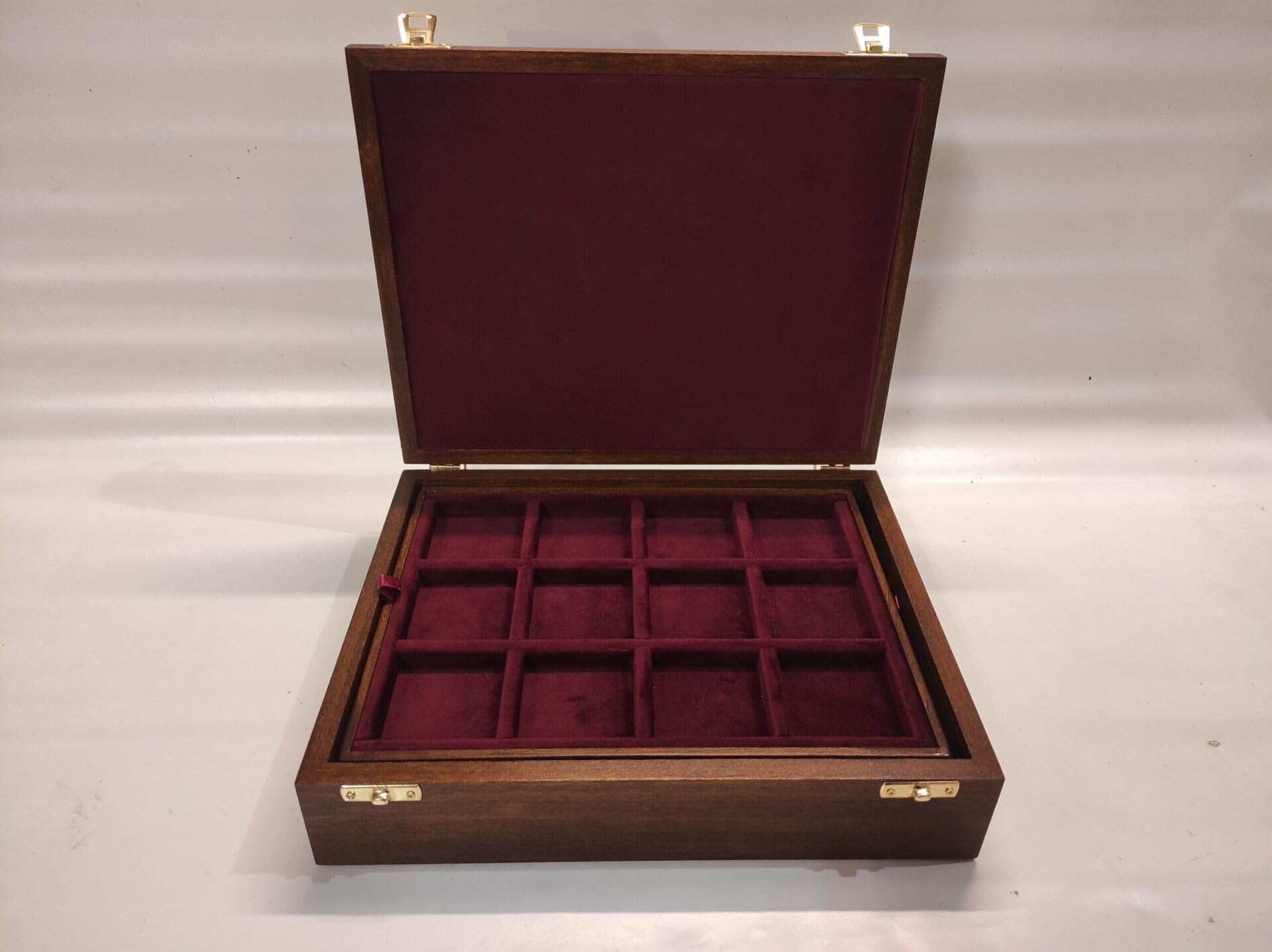 Coffret numismatique en Bois pour pièces et médailles de Collection, 2 Plateaux en Velours, Fait Main en Italie, 27x21x7 cm