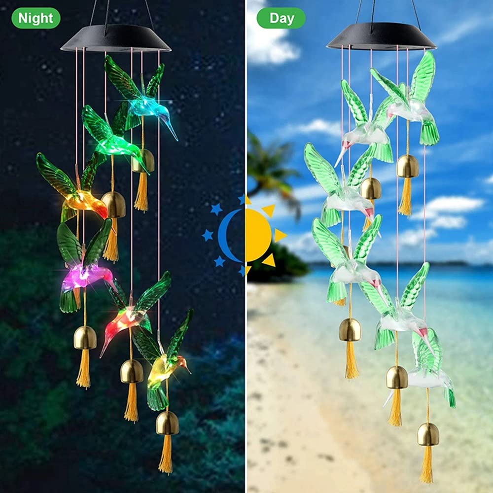 metalowe dzwonki wietrzne, Dzwonek wietrzny z diodami LED Hummingbird, zasilany energią słoneczną, zmieniający kolor, wodoodporny, wielokolorowy(Green)