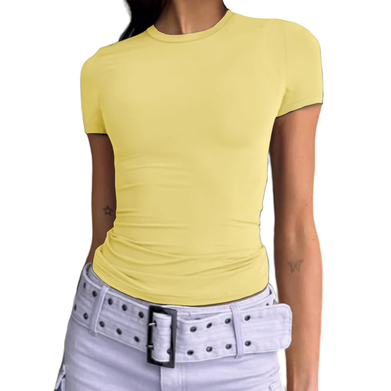 Dwnval Womens Basic Summer Short Sleeve Tight Fitted Workout Crop Tops