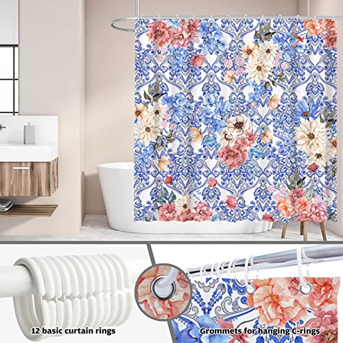 Funnytree Blue Damask Shower Curtain Set Summer Tropical Flowers Rustic Bohemian Flora Chic Art Home Bathtubs Modern Bathroom Decoration With 12 Hooks Washable Durable Fabric 72"X72" #TOP3