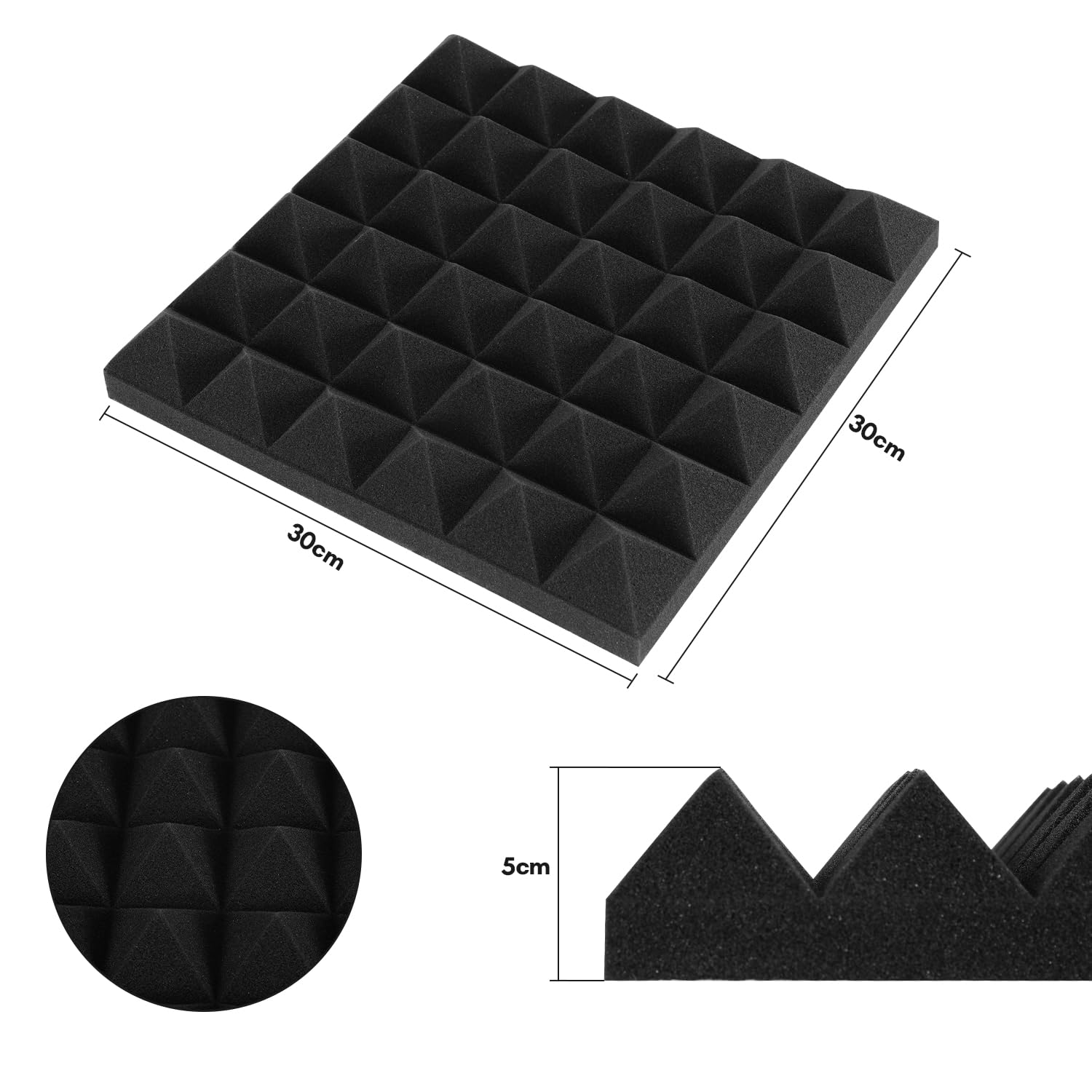 Sonnewelt Espuma acústica autoadhesiva, 48 unidades, 5 x 30 x 30 cm, 3D de alta densidad, absorción de sonido, azulejos de eco, reducen el aislamiento acústico para estudios de grabación, oficina,