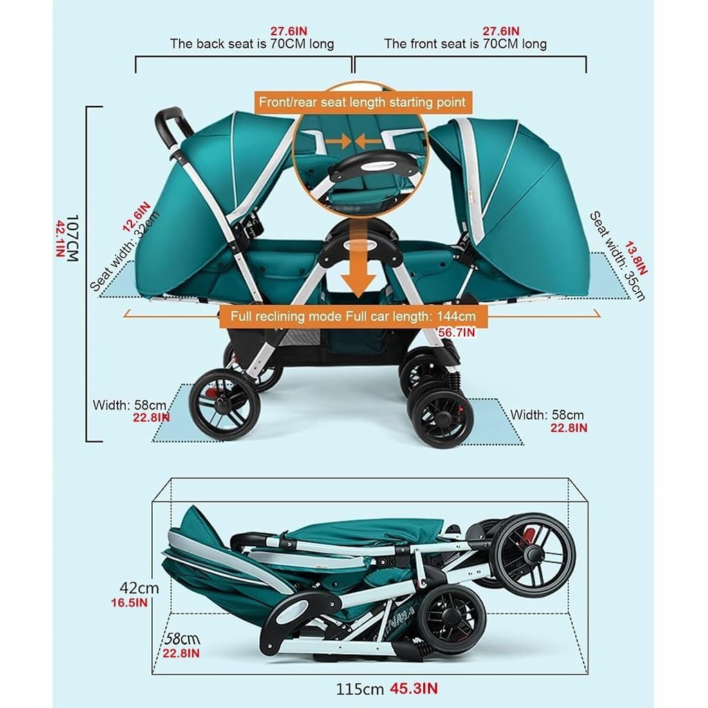 EYPKPL Cochecito Plegable de Doble Asiento, Paraguas, Cochecito Doble, Cochecito tándem, Cochecito de bebé Gemelo, Puede Sentarse y acostarse, Cochecito Gemelo