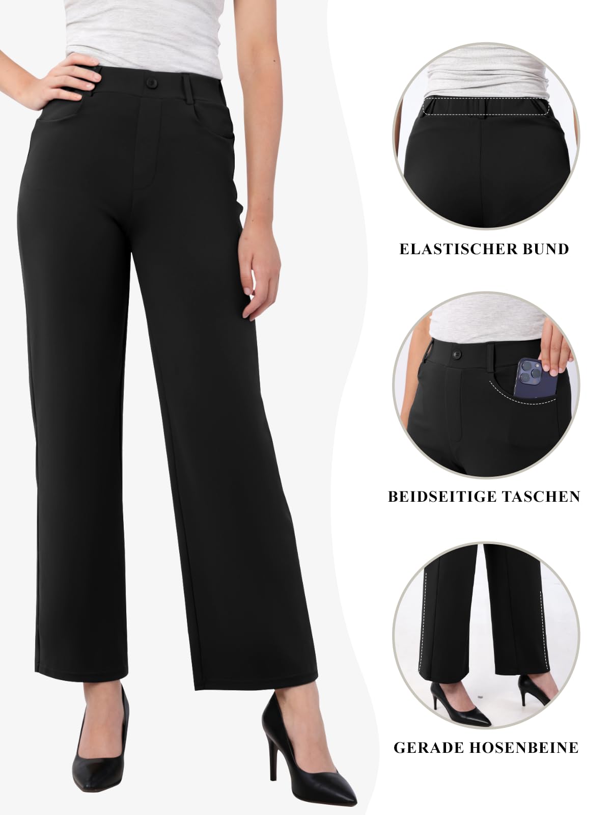 Glacspyg Damen Hohe Taille Straight Freizeithosen Elastische Business Arbeitshosen Elegante Stretch Weite Hosen mit Taschen
