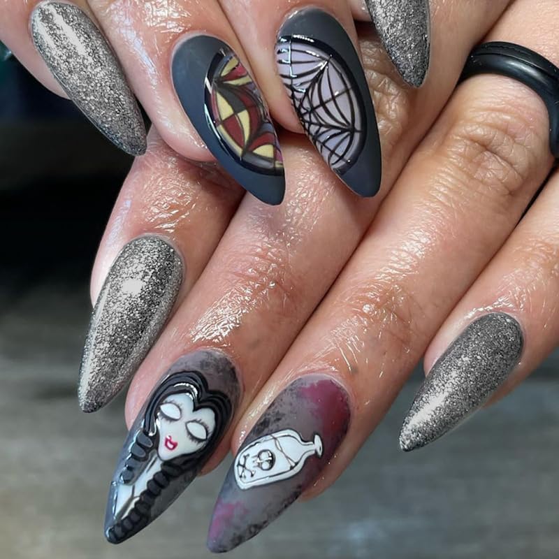 VEBONNY Darkness Atmosphere Witch Fingernails,Shield and Spider Web Design Dark Grey Press on Nails,Shimmery Glitters Almond Shaped Nails VEBONNY SA105