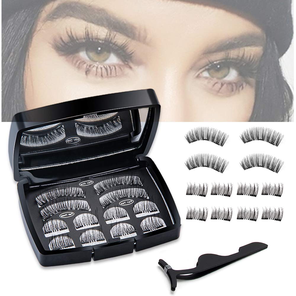Magnetic Eyelashes, 3D Fiber Magnetic Lashes Handmade Ultra Thin Reusable False Eyelashes Set Soft Lightweight No Glue Natural Look 3 Magnet Fake Eyelashes with Tweezers Easy to Wear - 3 Pairs