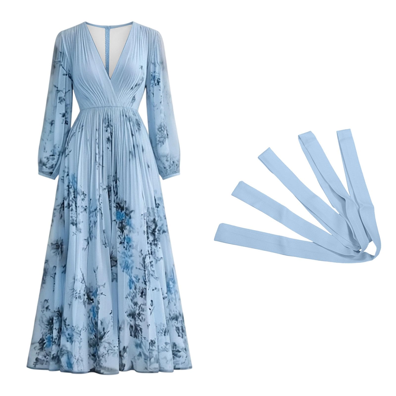 Vestido Plisado Manga Larga Estampado Floral, Cuello Casual Fluido Verano Mujer