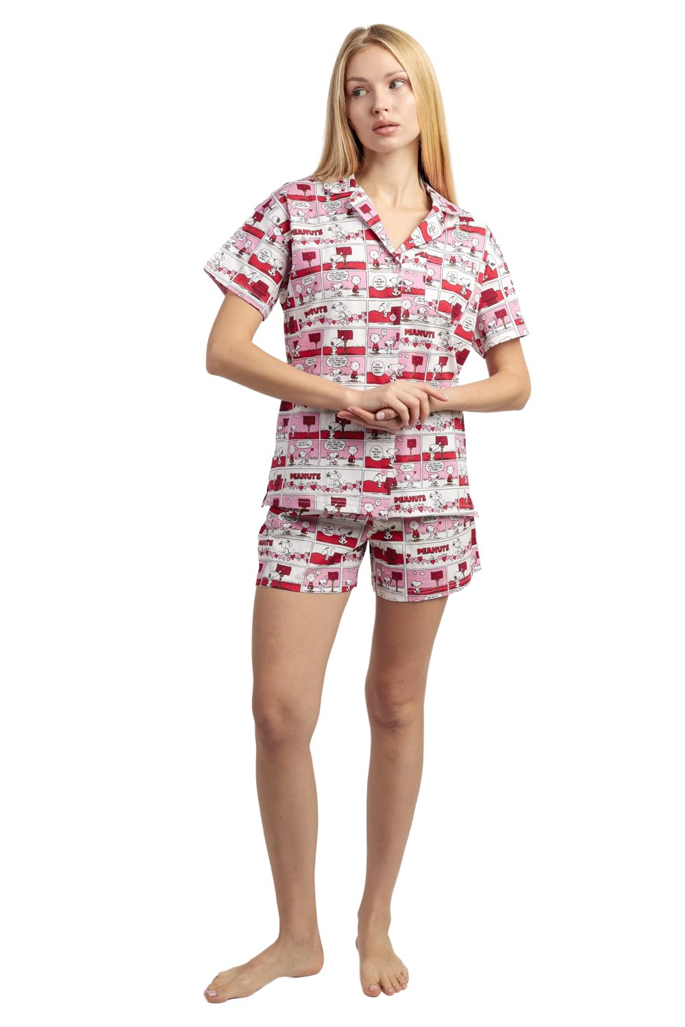 PEANUTS Pijama Mujer Abierto Love Valentines de algodón con Manga Corta Cuello de Solapa pantalón Corto Estampado Multicolor y Verano Color Rojo Talla XXL