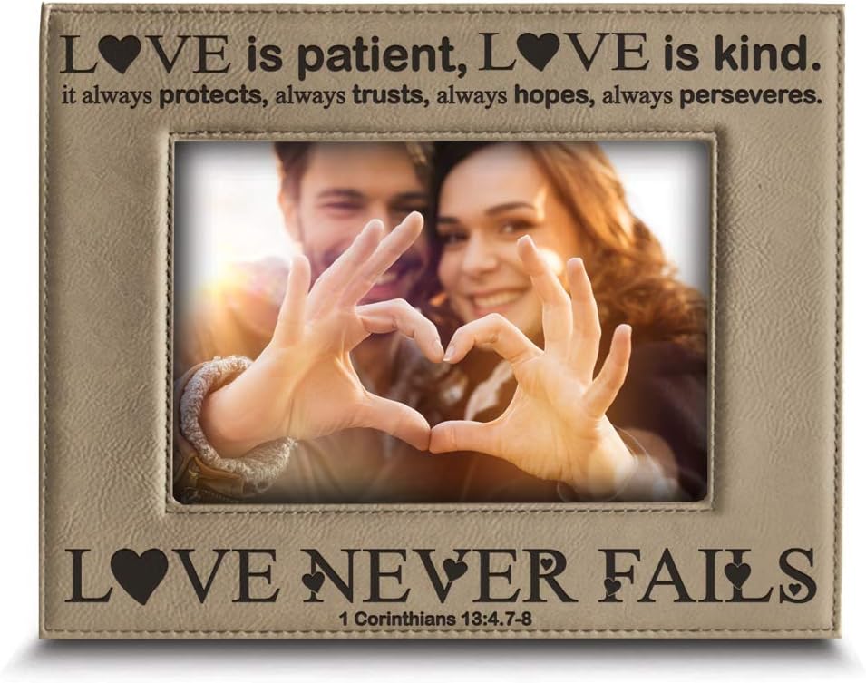 BELLA BUSTA -Love Never Fails-1 Corinthians (bible verse)-Anniversary for Her, Him-Valentines Day- Engraved Leather Picture Frame (5 x 7 Vertical)
